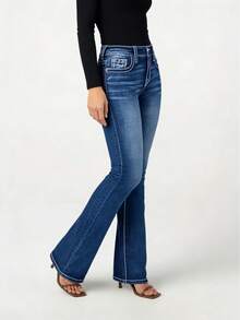 Y2K Women's Mid Waist Bootcut Jeans Washed Blue Embroidered Flower Design Button Fly Pocket Slim-Fitting Flared Denim Sweatpants - Blue - View 7