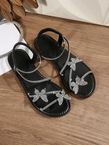 夏季新款休闲时尚玻璃水钻绑带交叉蝴蝶结圆头套脚女式户外平底沙滩凉鞋 - 黑色 - 查看 8