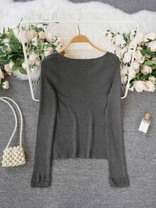 Grey Sexy Chic Crop Top With Bowknot Collar Cutout, Fitted Waist Design, Long Sleeve Sweater For Weekend Casual Wear - Dark Gray - View 5