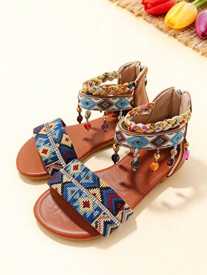 1 Pair Blue Children's Sandals, Girls' Flat Sandals, Heel Zipper Closure, Tassel Decor, Bohemian Beaded Embroidery Design, Suitable For Summer Outings, Casual Gatherings, Weddings, Beach Parties