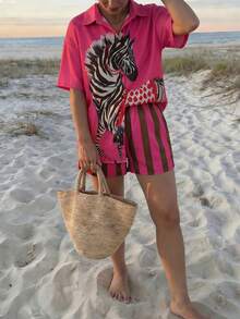 粉色斑马纹短袖露脐两件套，春夏度假装 - 玫紅色 - 查看 1