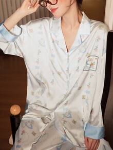 Disney 两件套迪士尼玛丽猫印花纯棉长袖睡衣套装，女士款，春秋季 - 淺藍色 - 查看 5