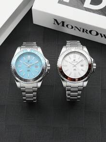 RICECGO 1pc Men's Business Quartz Watch, Featuring Dual-Tone Bezel And Classic Stainless Steel Strap, Suitable For Business And Daily Wear - Silver - View 1