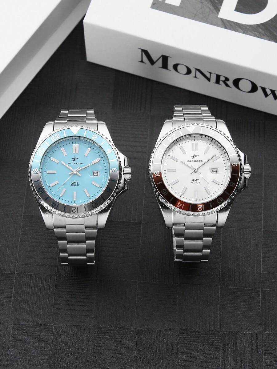 RICECGO 1pc Men's Business Quartz Watch, Featuring Dual-Tone Bezel And Classic Stainless Steel Strap, Suitable For Business And Daily Wear - Silver - View 1