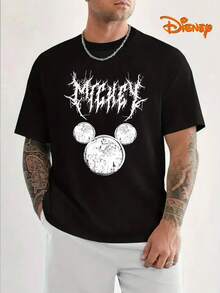 Disney Men's Casual T-Shirt, "MICKEY" Metal Font Print, Edgy Design, Relaxed Fit, Perfect For Streetwear & Bold Style - 黑色 - 查看 2