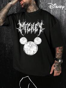 Disney Men's Casual T-Shirt, "MICKEY" Metal Font Print, Edgy Design, Relaxed Fit, Perfect For Streetwear & Bold Style - 黑色 - 查看 1