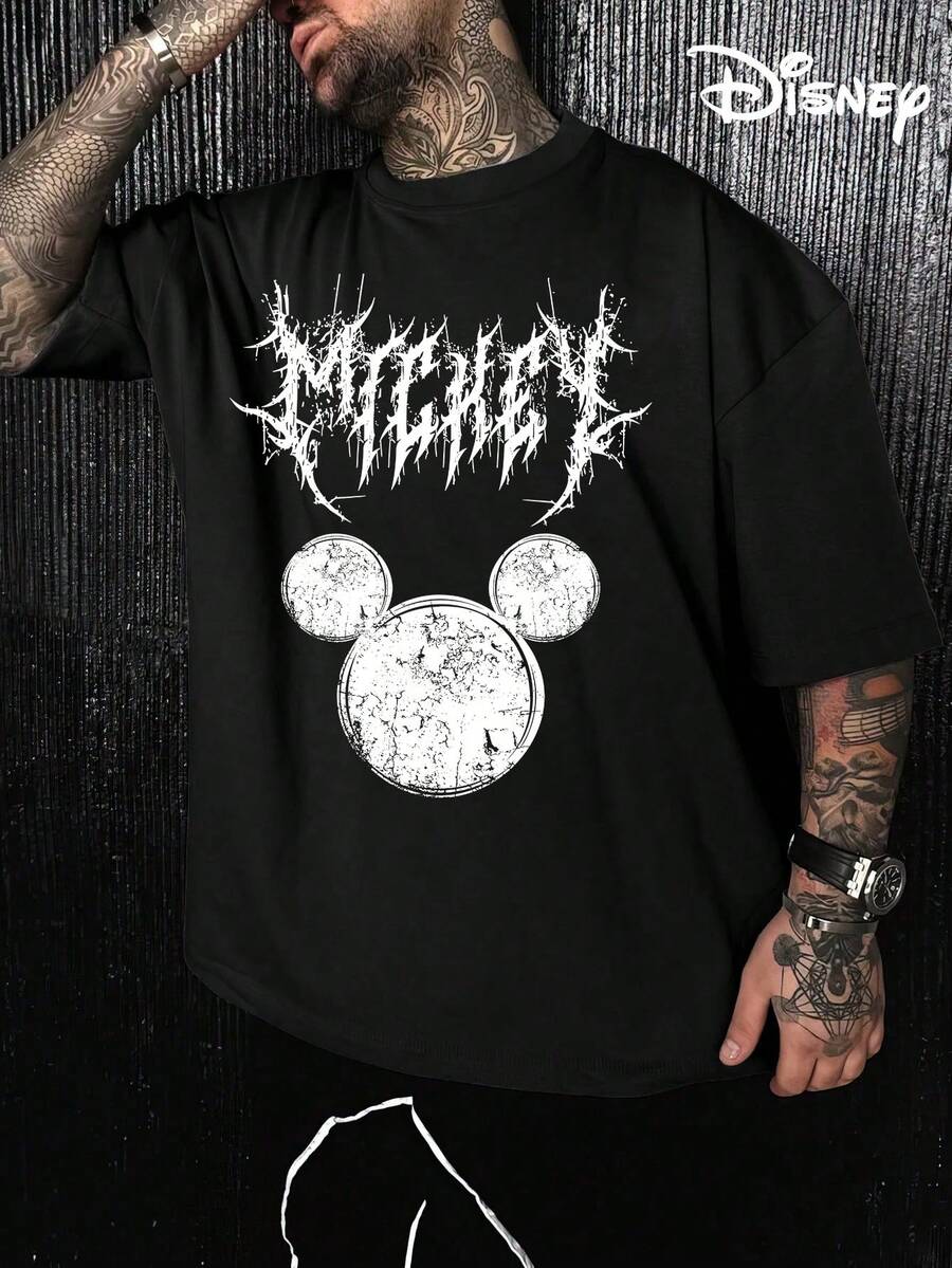 Disney Men's Casual T-Shirt, "MICKEY" Metal Font Print, Edgy Design, Relaxed Fit, Perfect For Streetwear & Bold Style - 黑色 - 查看 1