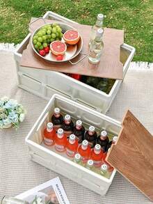 Caja de almacenamiento portátil y plegable para exteriores con tapa - Estructura de plástico resistente, múltiples compartimentos, adecuada para guardar artículos de picnic, fiestas en la puerta trasera y equipo de camping - A - Ver 7