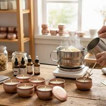 48件套玫瑰金手工蜡烛罐套装，每个2.2盎司圆形玫瑰金蜡烛罐，适用于制作蜡烛、收纳小物件、节日装饰、季节性烛台，包含6个空蜡烛罐、6个烛芯固定器、16根烛芯和20张贴纸。 - 6pcs空蠟燭罐+42pcs蠟燭製作配件 - 查看 8