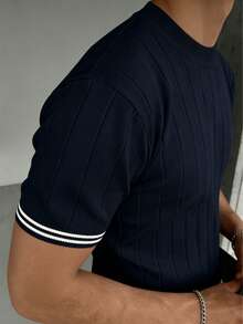 GRDR Men's Vertical Striped Knit Short Sleeve - Fashionable Versatile Casual T-Shirt - Navy Blue - View 5