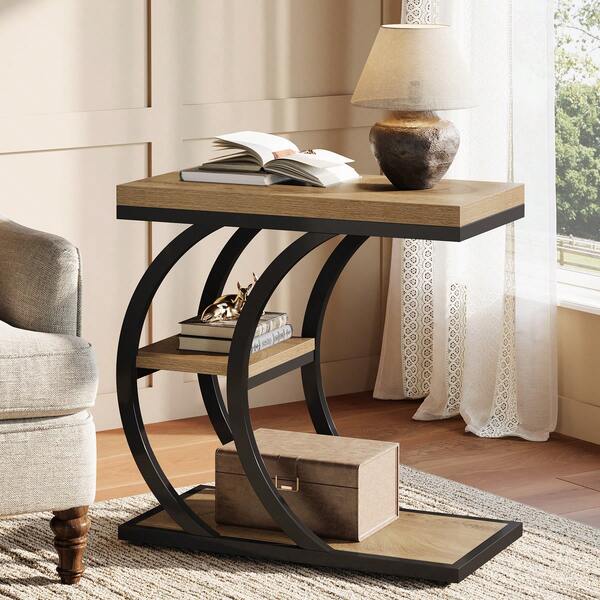 Tribesigns C-Shaped Side Table, 3-Tier Narrow Wood Bedside Table, Small Coffee Sofa Table With Storage For Living Room, Industrial Nightstand For Bedroom, Small Spaces, Natural