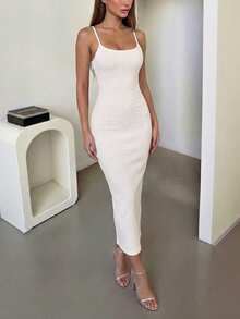 Vestido midi sin mangas de algodón acanalado de unicolor DOUCIU, elegante para fiestas y eventos - Blanco - Ver 3