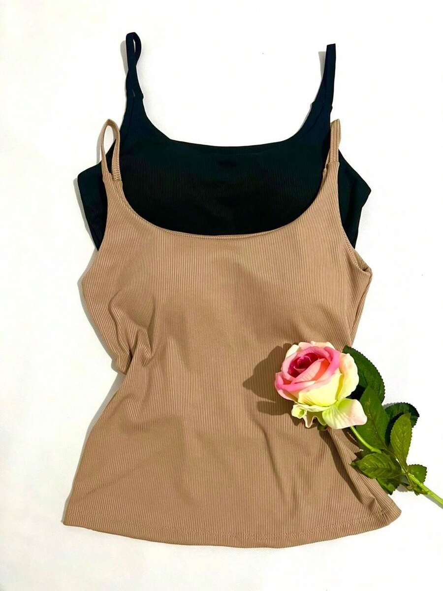 Set Of 2 Women's Tank Tops. Thin Straps With Padding, Made Of Ribbed, Flannel-Lined Fabric. - 黑色米色 - 查看 1