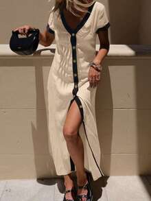 女士优雅撞色短袖纽扣连衣裙，适合通勤/工作/度假，女士度假装 - 杏色 - 查看 5