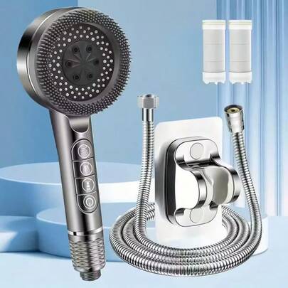 1.5米高压淋浴软管带过滤器，4种模式按摩淋浴喷头套装 - 灰色，手持花洒，浴缸龙头，坐浴盆喷头，带壁挂支架的完整淋浴系统