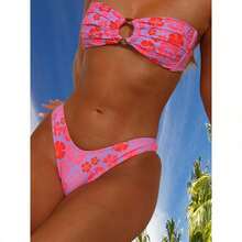 Bikini de dos piezas elegante con cintura alta y estampado de flores románticas en color rosa, que estiliza la figura - Rosa - Ver 6