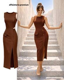 Women's Midi Dress In Premium Tailored Fabric With An Elegant Side Slit. - 鏽棕色 - 查看 8