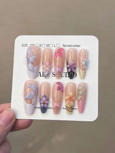 10 piezas Pegatinas de uñas francesas esmaltadas en 3D estilo Y2K de lujo, hechas a mano con diseño floral colorido, estilo rosa femenino, uñas postizas acrílicas de cobertura completa, incluye 1 pegamento de gelatina y 1 lima de uñas, adecuado para mujeres y niñas para uso diario, estudio y fiesta.