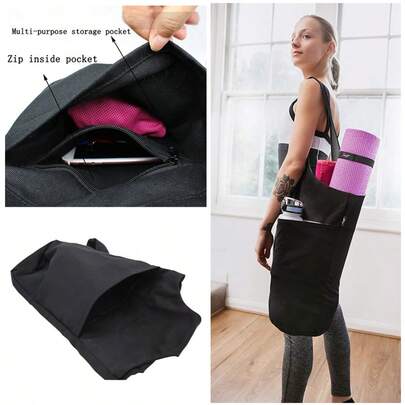 1 st. yogamattväska, yogaställ med sidofack, bekväm förvaringsväska för yogamatta med bred rem, axelväska i kanvasmaterial med stor kapacitet, slitstark, smutsavvisande lång tygväska, för de flesta storlekar på yogamattor, för kvinnor, män, fitnessträning, pilates, meditation, sport, yogatillbehör