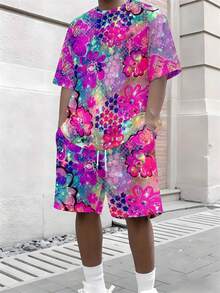 Two-Piece, Colorful And Eye-Catching, Knitted Fabric, Full Of Color, Men's Casual Outing, Summer Casual Outing, Pink And Purple Colorful Floral, Men's Short-Sleeve Beach Pants Set - 彩色 - 查看 4