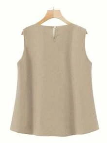 Áo ba lỗ rộng rãi cổ tròn không tay màu trơn cho nữ, mùa hè - Màu Khaki - Xem 2