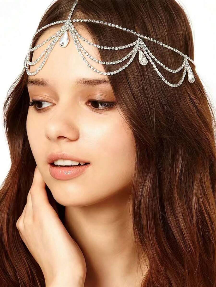 Bohemian Fashion Multi-Layer Crystal Water Drop Pendant Headchain, Shiny Jewelry Accessory For Women Party, Banquet, Ball, Headpiece - Silver - View 1