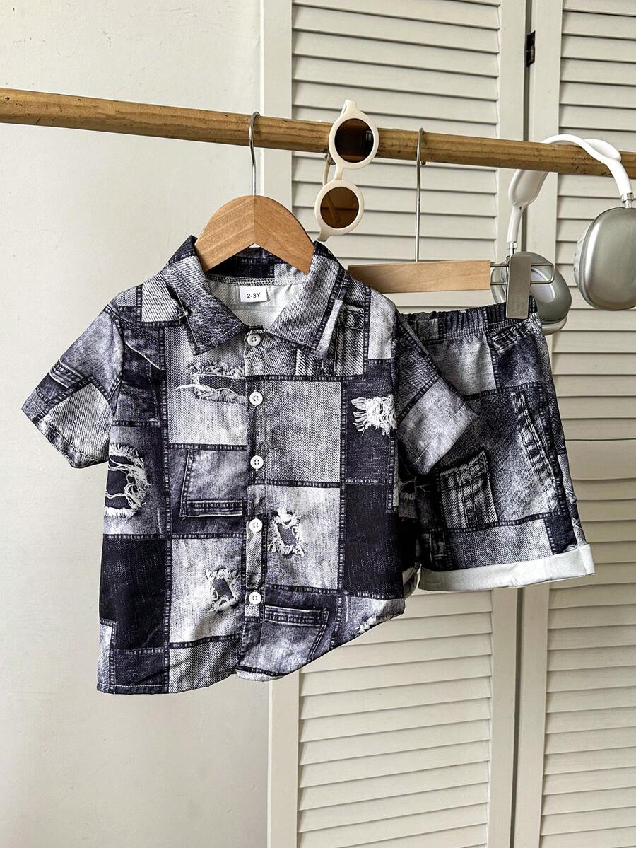 Young Boys' Two Pieces Set, Casual Outfit For Boys, Color-Blocked Denim Effect Short-Sleeve Shirt And Shorts, Comfortable Leisurewear, Suitable For Daily And Outdoor Wear, Perfect For Outdoor Activities. - Navy Blue - View 1