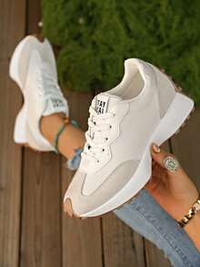 Women's Lightweight Running Sneakers - Lace-Up Closure, Multi-Functional Flat Sole, Breathable Fabric & Faux Leather Material - Beige - View 1