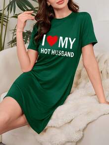 Comfortable "I Love My Handsome Husband" Slogan Print Short Sleeve Round Neck Polyester Blend Knit Sleepwear - A T-Shirt Style Sleepwear That Is Suitable For All Seasons, Making It An Ideal Choice For Relaxation At Home. This T-Shirt Dress Is Suitable For All Seasons And Is The Perfect Choice For Enjoying A Wonderful Night. - Green - View 7