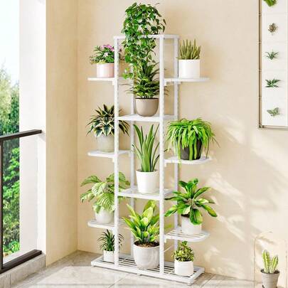 7-Tier Space-Saving Metal Plant Shelf, Heavy-Duty, Rust-Resistant Display Rack For Indoor & Outdoor Living Room, Balcony, Patio Use. Durable Home Hardware