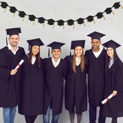 2pcs 2026 Black Glitter Graduation Cap With Tassel Decor Banner, University & High School Graduation Party Decorations