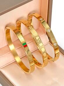 18K Gold Plated Stainless Steel Bracelet, Suitable For Daily Wear, European And American Classic Roman Numeral Red And Green Color Block Geometric Design, Generous Personalized Elegant Luxury Party Casual Wrist Jewelry, Wedding Jewelry Set, Gift For Girls, Women, Mothers, Relatives, Friends, Beautiful Wedding, Birthday, Valentine's Day, Mother's Day - Gold - View 13