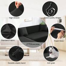 Couch Cover L Shape 2 Pieces Sofa Cover Soft Stretch Slipcovers With 2pcs Pillowcases Furniture Protector Sectional Couch Covers 3 Seater + 3 Seater(Black) - 黑色 - 查看 4