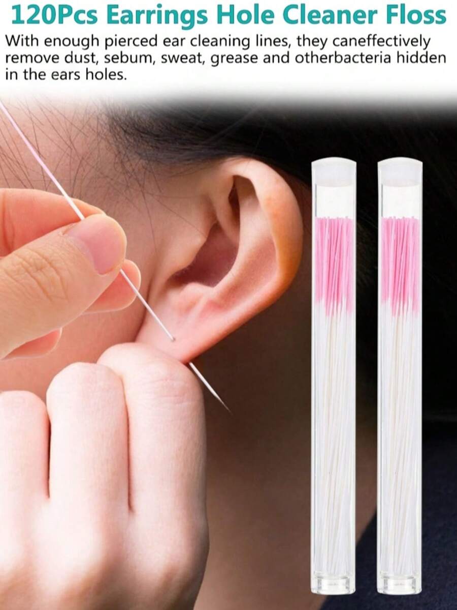 120pcs Disposable Ear Piercing Cleaning Threads, Ear Piercing Care And Cleaning Tools, Used To Remove Ear Piercing Odor, Pink Ear Care. - Pink - View 1