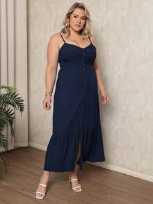 Plus Size Women's Long Plain Strappy Dress For Summer, Lightweight, Comfortable With Built-In Bra And Front Buttons - Azul Marino - Ver 6