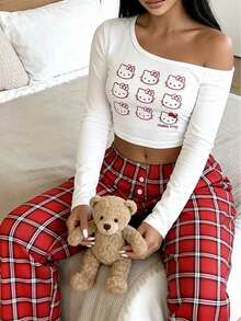 SANRIO [WONDER WORLD]2pcs Hello Kitty Women's Asymmetrical Shoulder Printed Long Sleeve Top + Straight Elastic Waist Pants Cute Pajama Set - Red - View 4