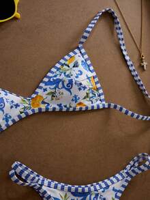 Bộ bikini mùa hè dành cho nữ, họa tiết hoa và trái cây, đồ bơi hai mảnh gợi cảm với dây đeo mảnh, kiểu dáng ôm sát, thoải mái, dễ thương, thích hợp cho kỳ nghỉ biển. - Màu xanh lam - Xem 7