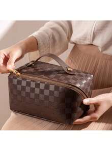 1pc Large Capacity Portable INS New Checkerboard Makeup Bag, Pencil Case, Stationery Box, Convenient Travel Tote - Single Piece - View 10