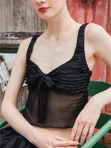Women Tie Front Peplum Top Cute Summer Going Out Flare Hem Ruffle Cami Tops - Black - View 1
