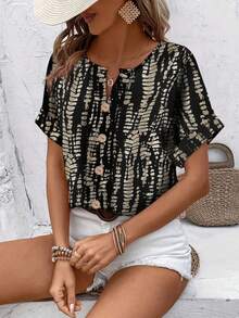 Áo sơ mi nữ mùa hè kiểu dáng thường ngày, cổ chữ V, tay ngắn, cài cúc phía trước, in họa tiết toàn thân, phong cách vintage Mỹ, thiết kế đa năng tôn dáng, màu đen. - màu đen - Xem 4