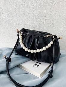 Bolso plisado de unicolor con perlas - Negro - Ver 4