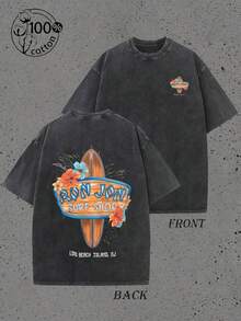 2026 Men's Washed Retro Casual T-ShirtVintage Black Cotton T - Shirt With 100% Cotton Circular Logo, Left Chest Colorful Graphic, Back Surfboard Hibiscus Design ' SURF SHOP' 'LONG BEACH ISLAND, NJ' Printed, Casual Crew Neck For Surf Enthusiasts - Black - View 7