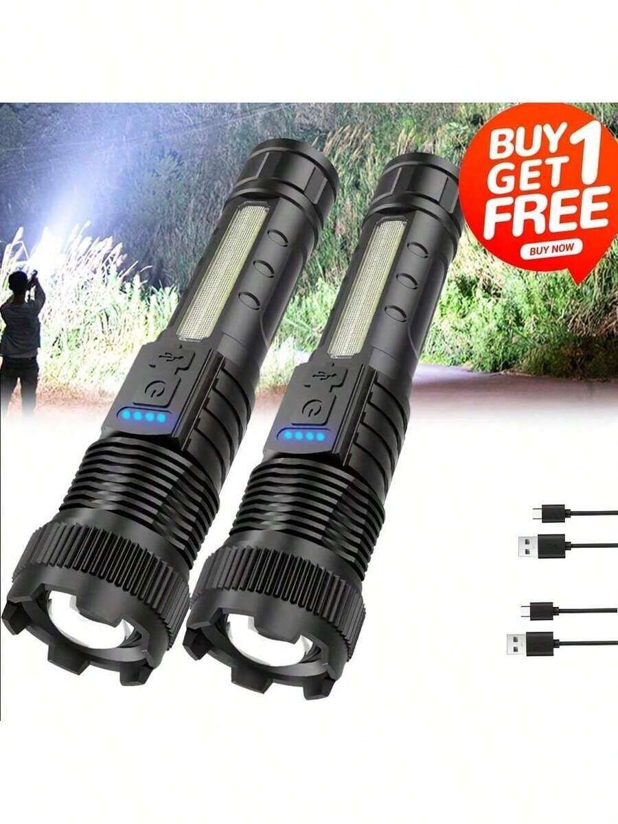 Buy 1 Get 1 Free, Total Of 2pcs High Lumens Rechargeable Led Battery Powered With 6 Modes Multifunctional Flashlights, Cob Side Light, USB C, Zoomable, Powerful Handheld Flash Lights Perfect For Emergency Power Outage - màu đen - Xem 1