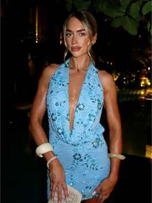 Women's Sequin Dress Sparkly Beaded Halter Deep V Neck Mini Dress Backless Y2K Bodycon Prom Casual Party Club - Màu xanh lam - Xem 1