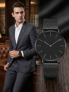 1pc Black Mesh Stainless Steel Quartz Watch, Unisex Fashion Business Style, Minimalist Dial Design Suitable For Daily Commute And Business Occasions, Ideal Gift For Birthday, Christmas, Anniversary, Back To School, Holidays For Friends And Couples - Black - View 7