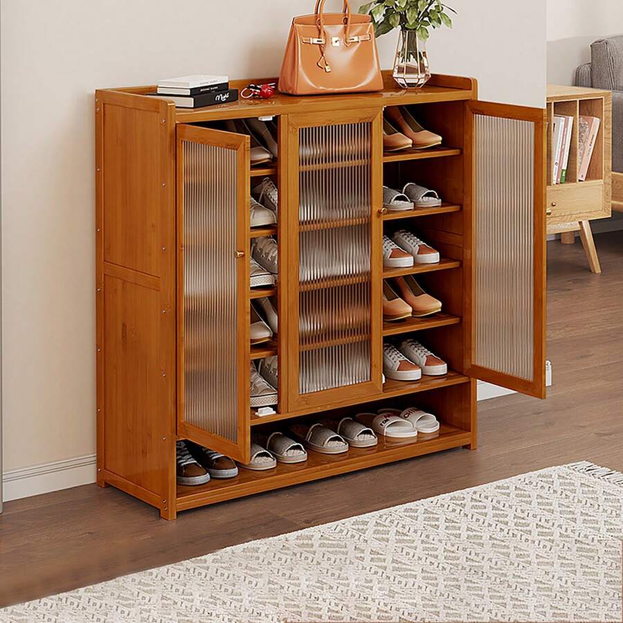 8-Tier Shoe Storage Cabinet Wood Grain Bamboo Shoe Console With Doors, Entryway Hidden Shoe Shelving ,Free Standing Shoe Organizer - 查看 1