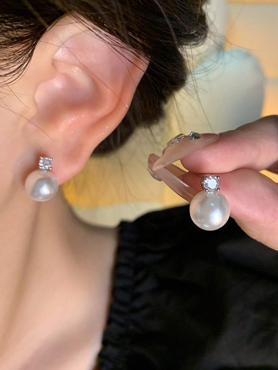 High Quality Handmade Earrings, Button Pearl Earrings, 925 Sterling Silver Plated Columnar Earrings With Cubic Zirconia, Hypoallergenic Pearl Earrings, Bridal Wedding, Birthday Gift For Women - Silver - View 1