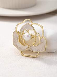 1枚时尚仿珍珠镂空花朵胸针，适合节日和日常佩戴 - 金黃色 - 查看 6