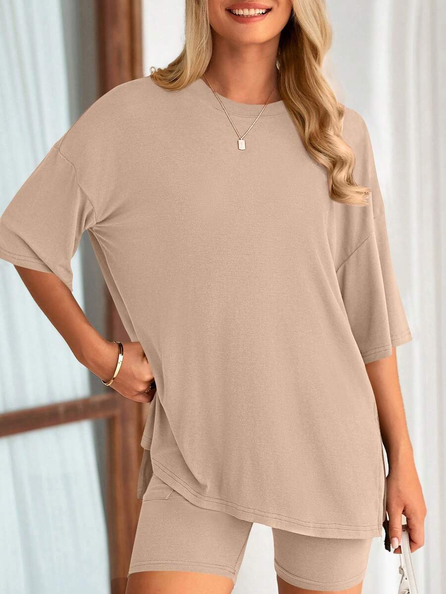 PRETTYGARDEN Women's Summer Clothes 2 Piece Sets Lounge Set Casual Oversized Shirts Biker Shorts Matching Airport Travel Sweatsuit Set Women Vacation Outfit Khaki Summer Brunch Outfits For Women - 卡其色 - 查看 1