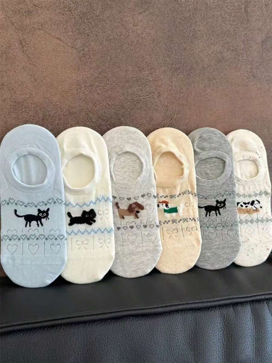 3/6 Pairs Random Fairisle Bow Boat Socks, Summer Bestseller Shallow Mouth Invisible Non-Slip Women Short Socks - Multicolor - View 1